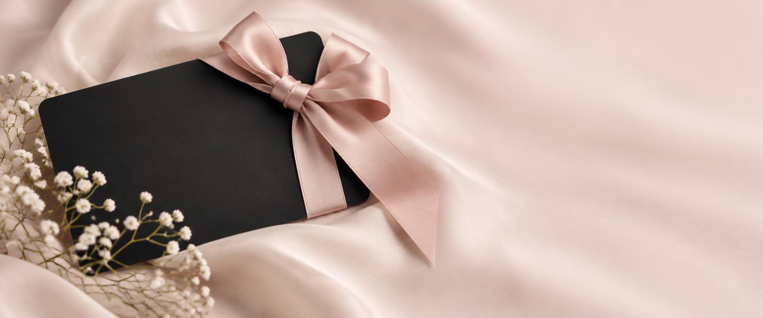 Black gift card wrapped in blush satin ribbon